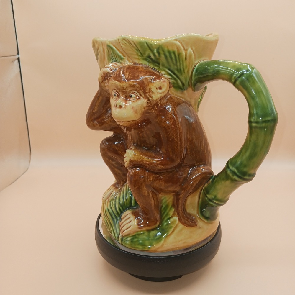 Vtg Ceramic Monkey Pitcher Bamboo Handle Tropical Jungle Palm Leaf Decor Maxcera - Picture 4 of 8